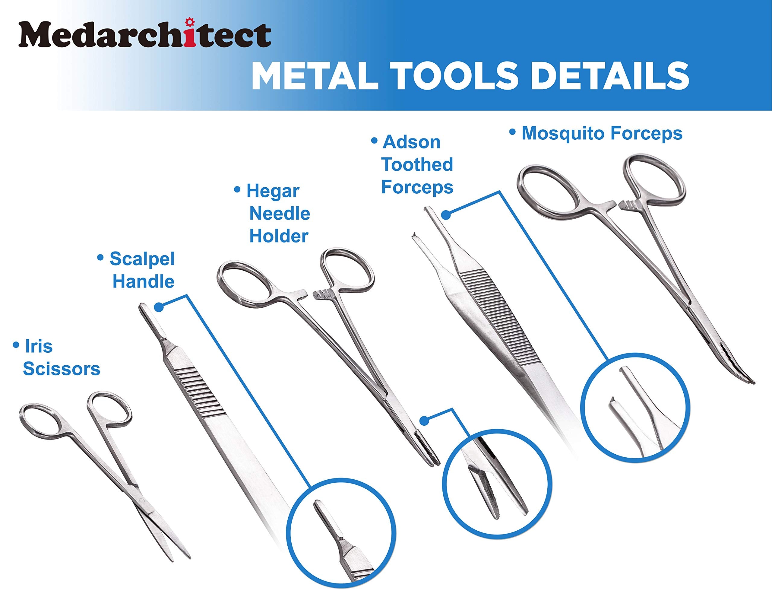 Medarchitect mosquito forceps and scalpel close-up for varied techniques