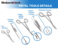 Medarchitect mosquito forceps and scalpel close-up for varied techniques
