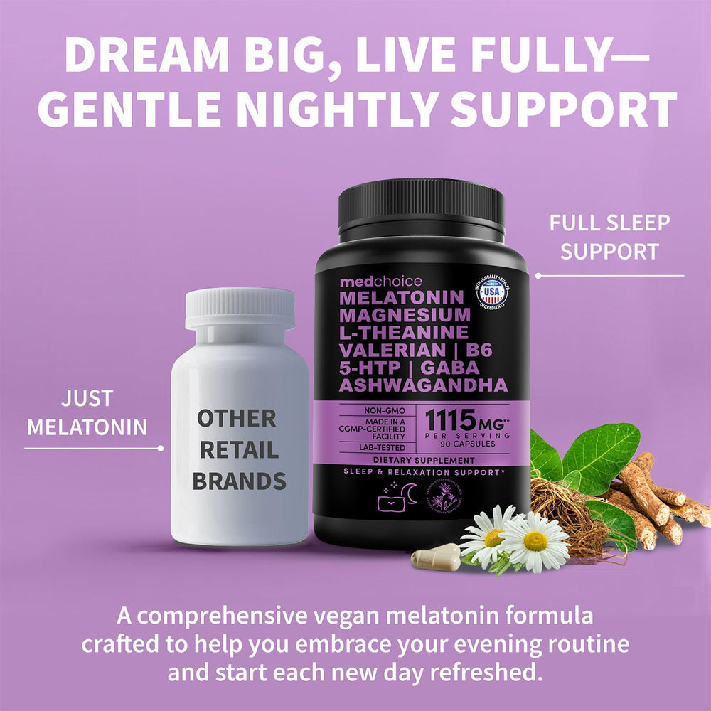 MEDCHOICE bottle with capsules beside water supports a relaxing pre-bed routine