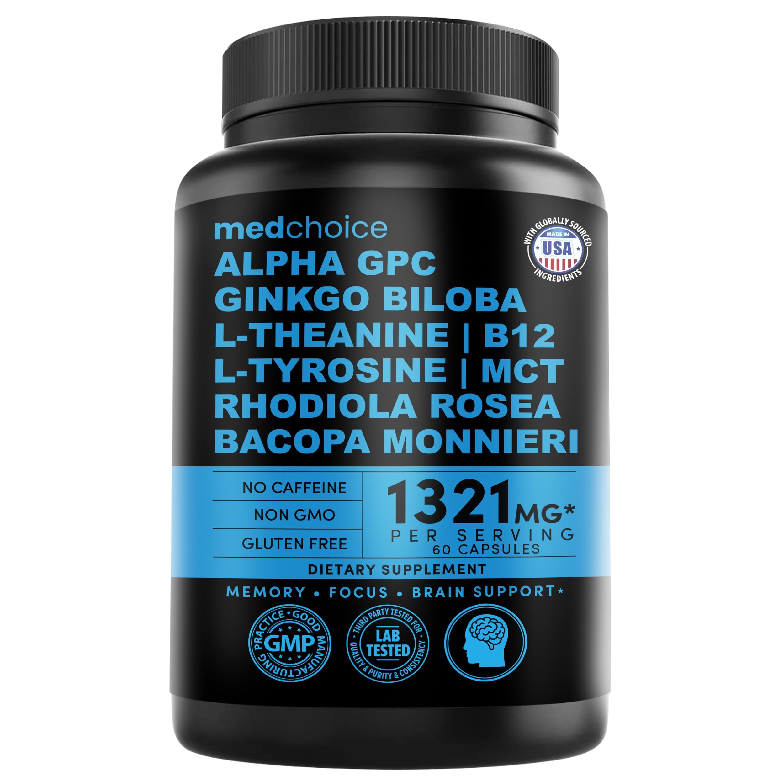 MEDCHOICE 12-in-1 nootropic bottle front for daily focus support.