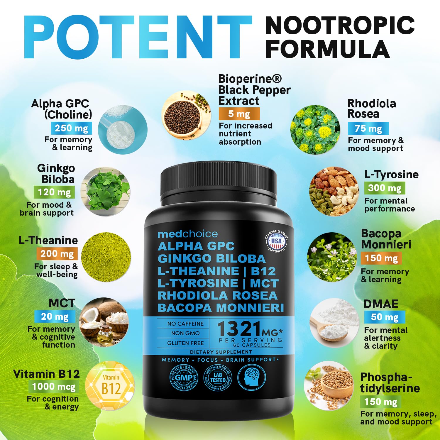 MEDCHOICE 12-in-1 bottle side view highlighting non-caffeinated brain support.