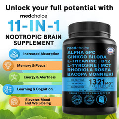 MEDCHOICE nootropic capsules close-up showing vegan ingredients for mental clarity.