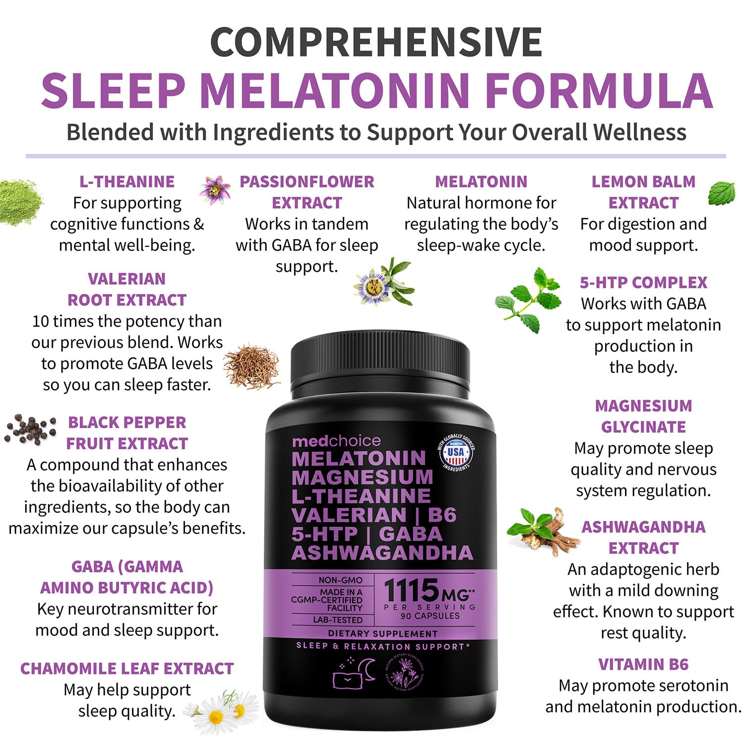 MEDCHOICE ashwagandha and L-theanine ingredients showcase calm relaxation potential.