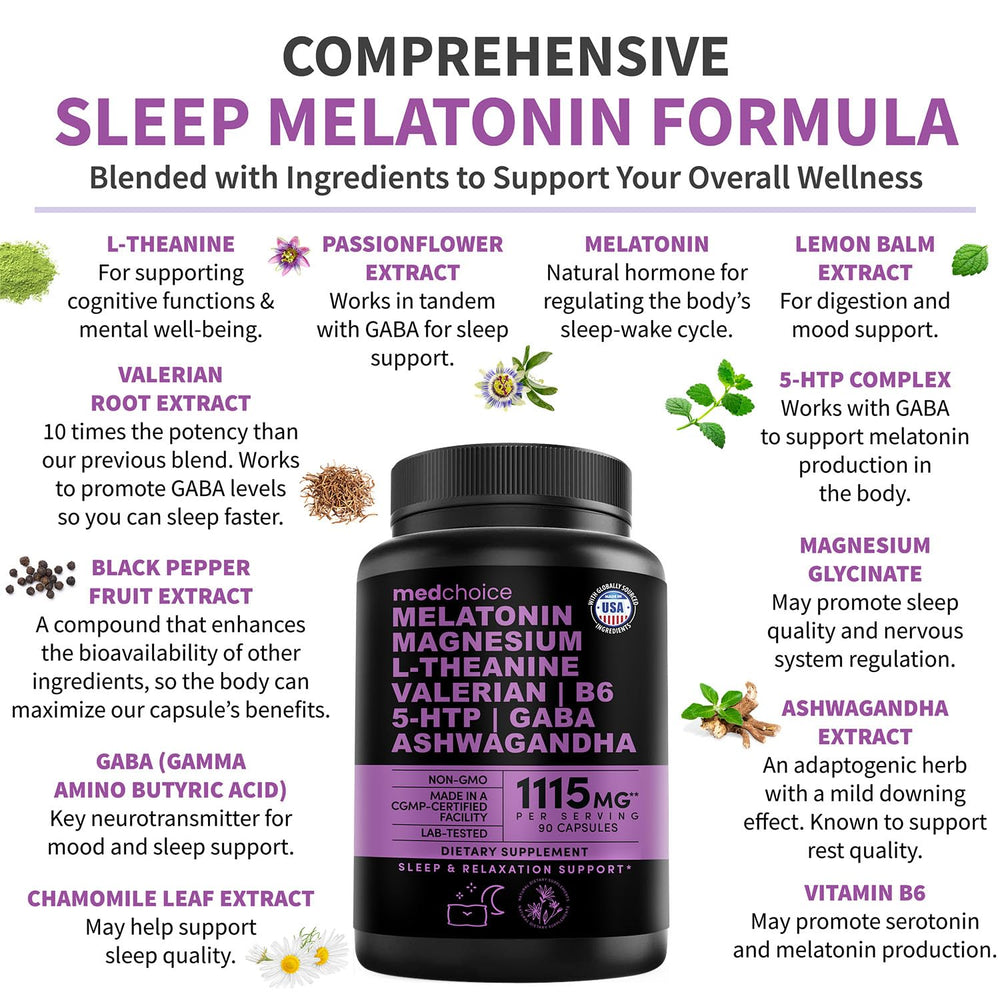 MEDCHOICE ashwagandha and L-theanine ingredients showcase calm relaxation potential.