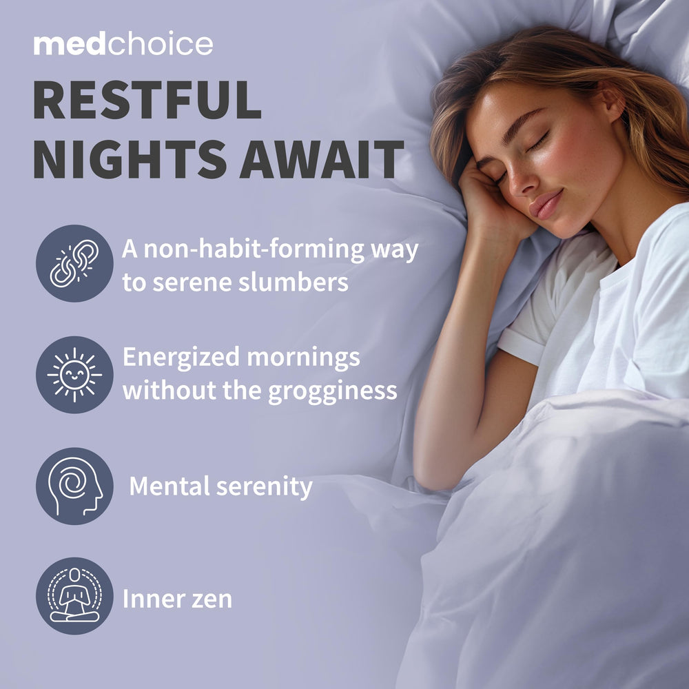 MEDCHOICE ashwagandha and L-tryptophan blend shown for relaxation.