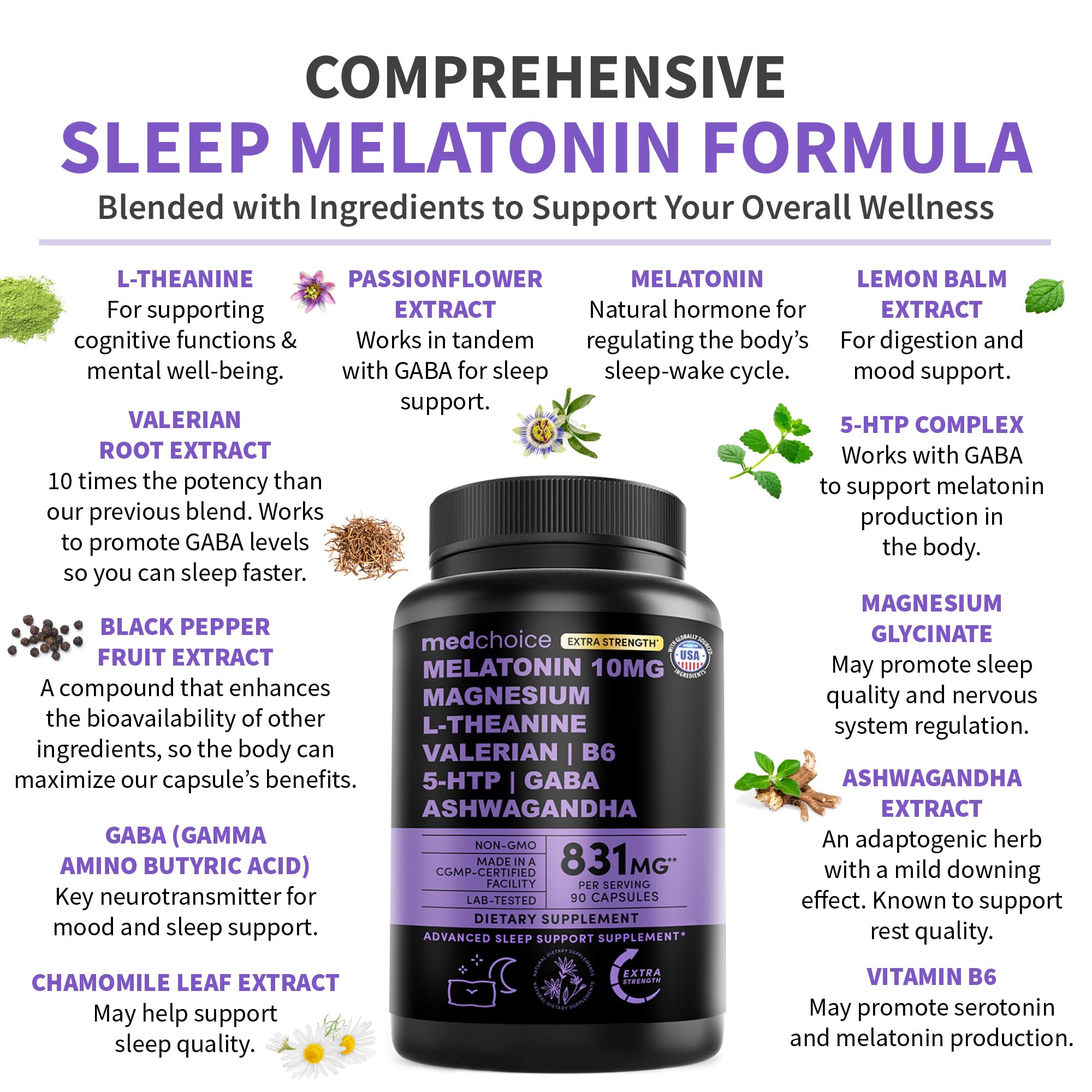 MEDCHOICE chamomile-GABA formula emphasizes serene calm before sleep.