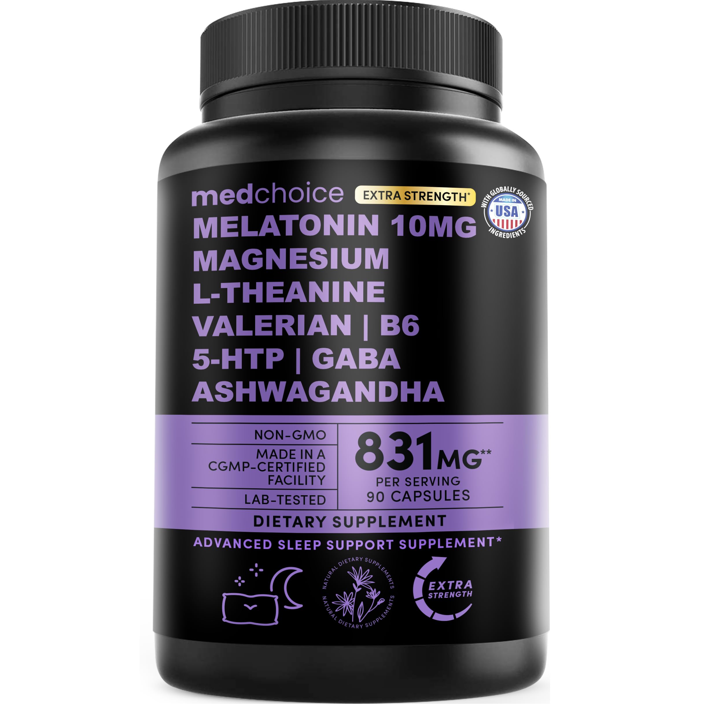 MEDCHOICE melatonin 12-in-1 bottle front shows calm, clear labeling for easy bedtime use.