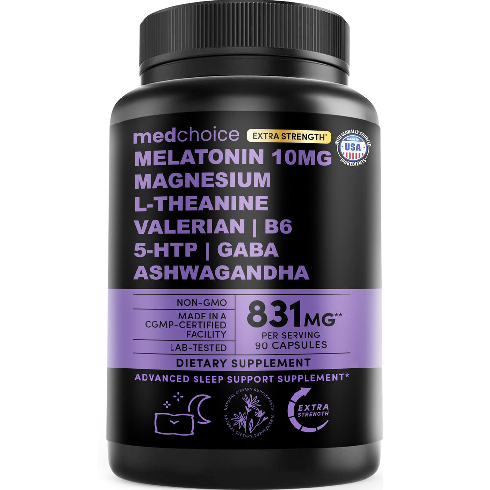 MEDCHOICE melatonin 12-in-1 bottle front shows calm, clear labeling for easy bedtime use.