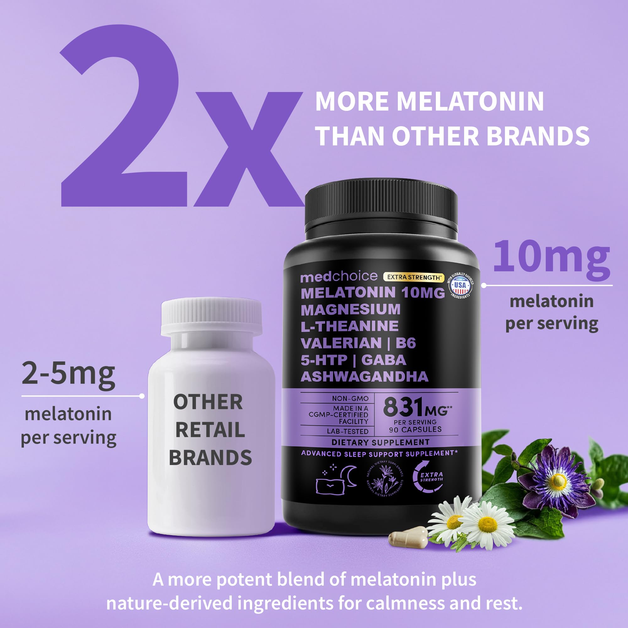 MEDCHOICE melatonin capsules pack highlights 90-count bottle for a monthly sleep routine.