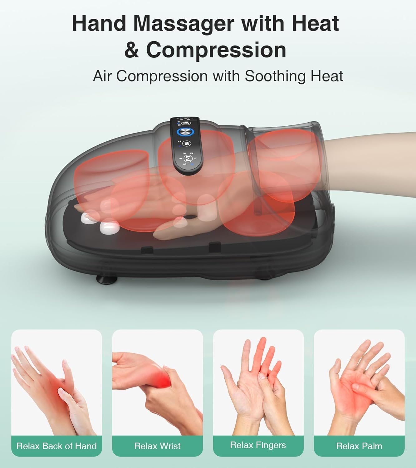 Medcursor hand massager airbag massage shows full palm-to-fingertip compression.