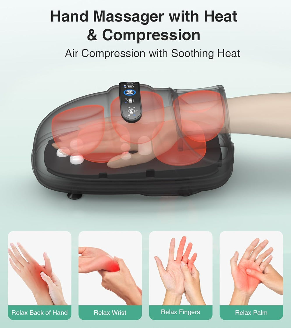 Medcursor hand massager airbag massage shows full palm-to-fingertip compression.