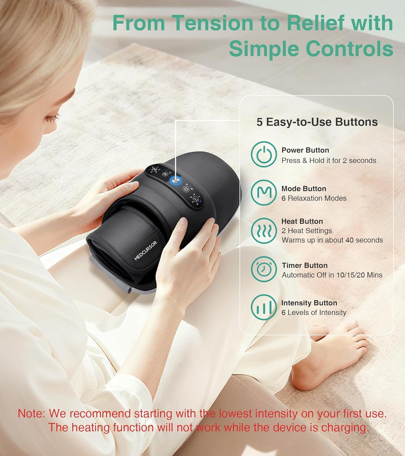 Medcursor hand massager heat levels display for customizable warmth.
