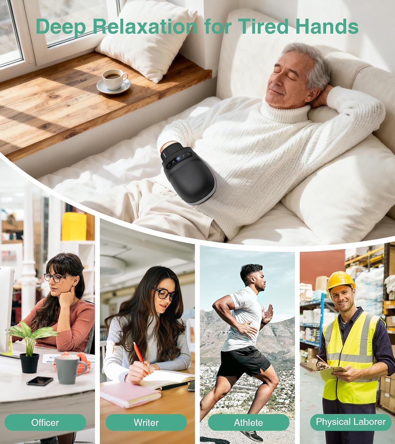Medcursor hand massager in use shows hands relaxing during screen time.