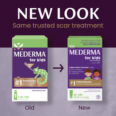 Mederma Kids bottle packaging image shows trusted pediatrician-approved scar solution.