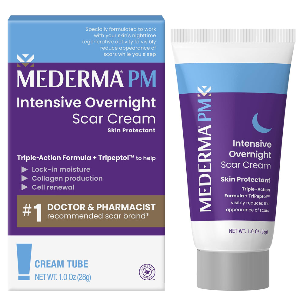 Mederma PM Intensive Overnight Scar Cream tube designed for nighttime scar care that may soften appearance.