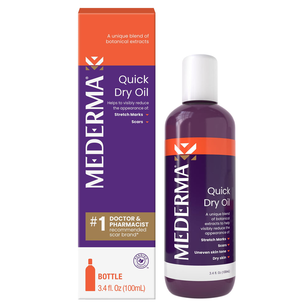 Mederma Quick Dry Oil bottle for fast absorption and smooth, hydrated skin