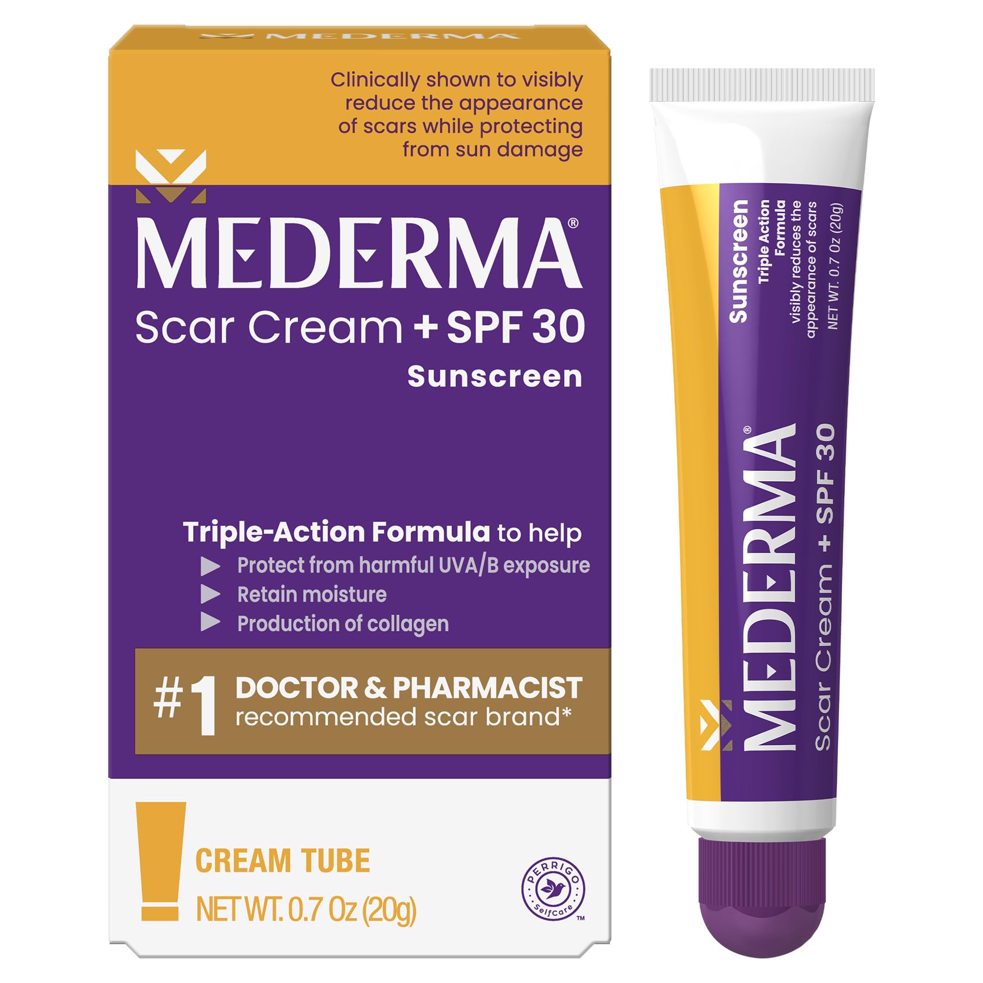 Mederma Scar Cream Plus SPF 30 tube closeup highlighting texture and packaging.