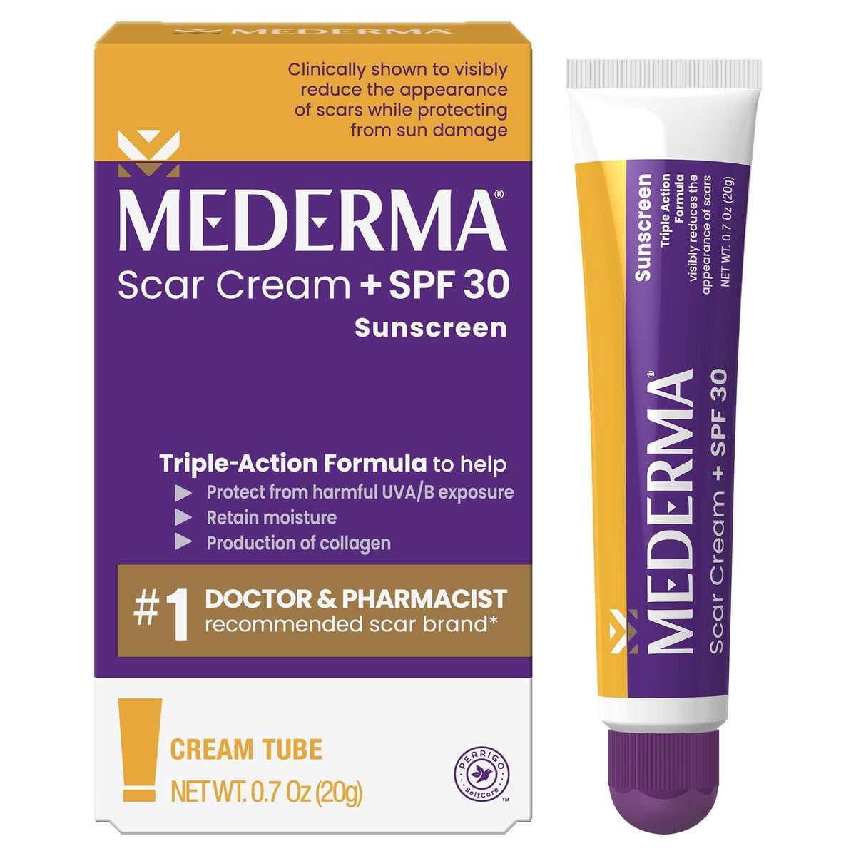 Mederma Scar Cream Plus SPF 30 tube closeup highlighting texture and packaging.
