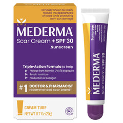 Mederma Scar Cream Plus SPF 30 tube closeup highlighting texture and packaging.