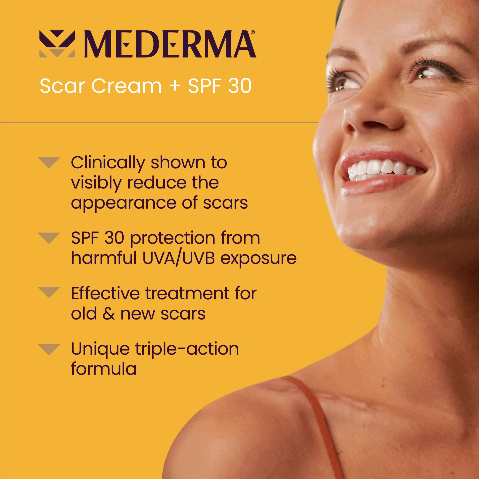 Mederma Scar Cream Plus SPF 30 tube on skin demonstrates easy application.