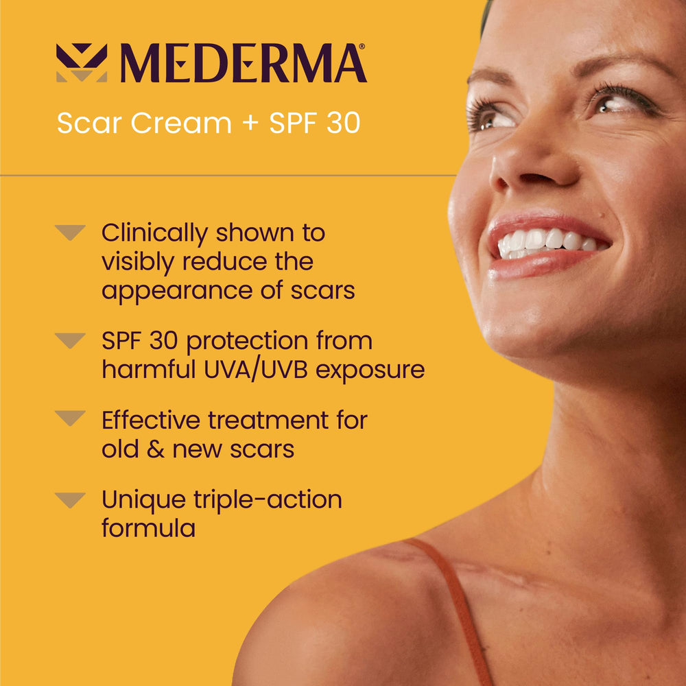Mederma Scar Cream Plus SPF 30 tube on skin demonstrates easy application.