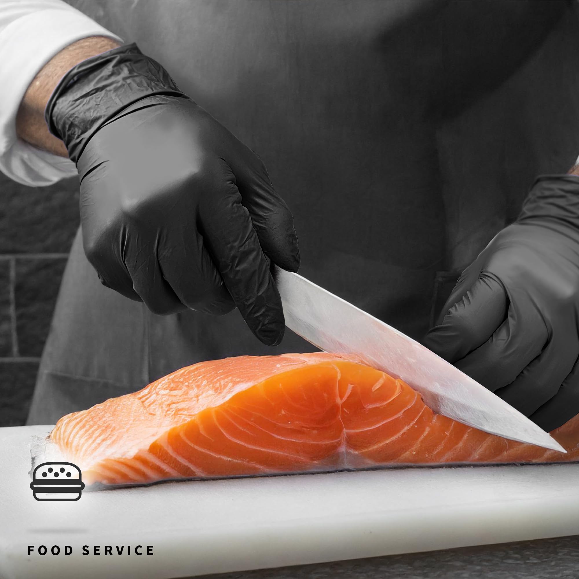 Medguy black nitrile gloves suitable for food-safe use.
