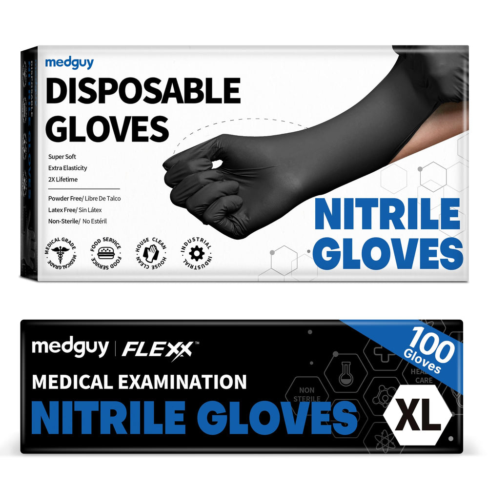 Medguy black nitrile gloves in pack front for ready protection.
