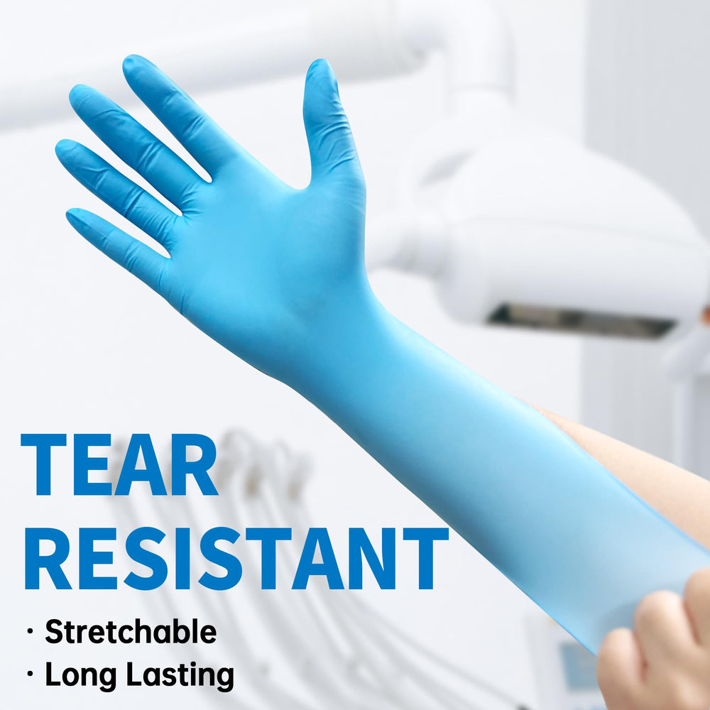 Medguy blue nitrile gloves closeup showing stretch and grip for precise work.