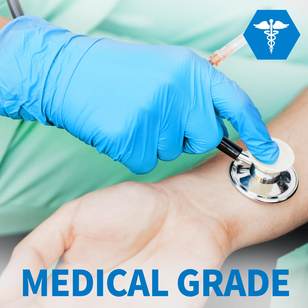 Medguy blue gloves close-up showing flexible material and secure grip.
