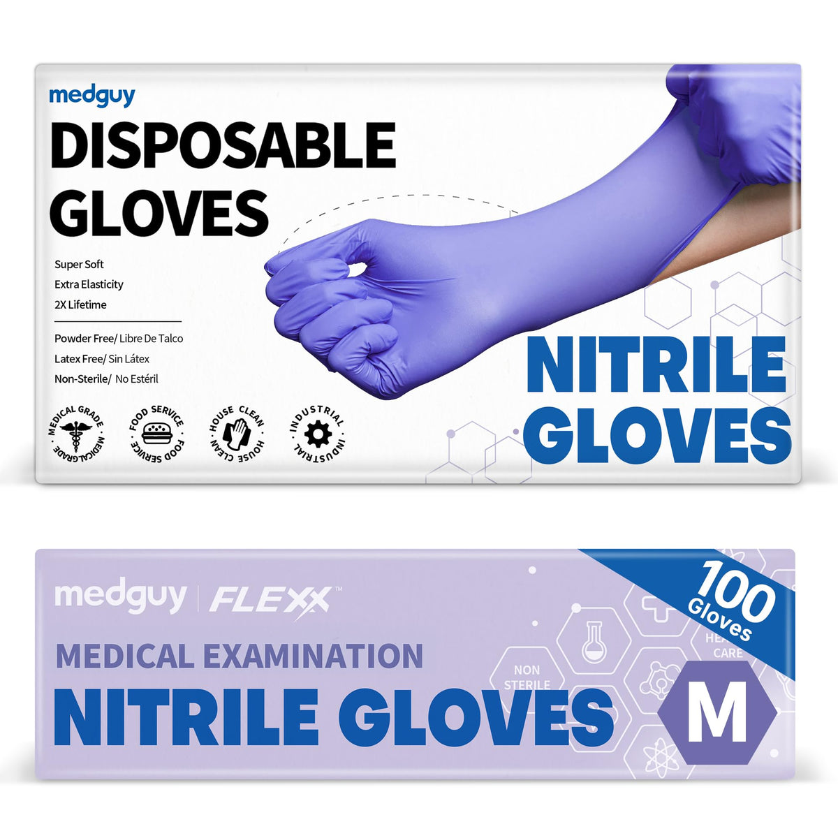 Medguy nitrile exam gloves packaging, blue-violet color, convenient for bulk orders.