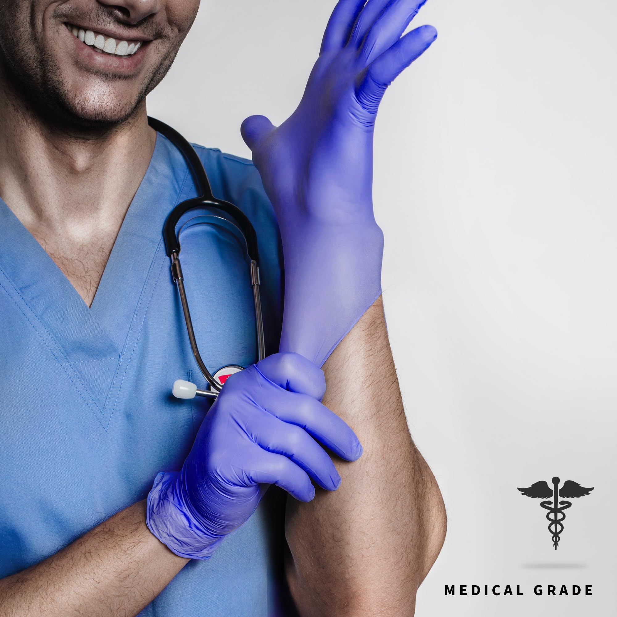 Medguy nitrile exam gloves powder-free design reduces dust and irritation.