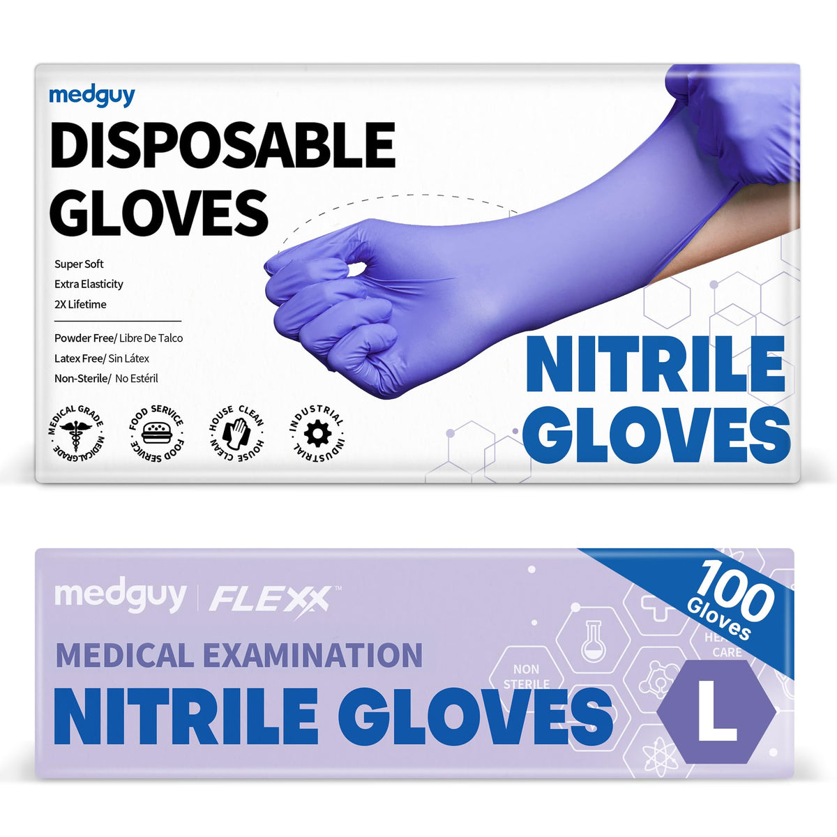 Medguy nitrile gloves 4.5 mil blue-violet close-up shows durability and flexible fit.
