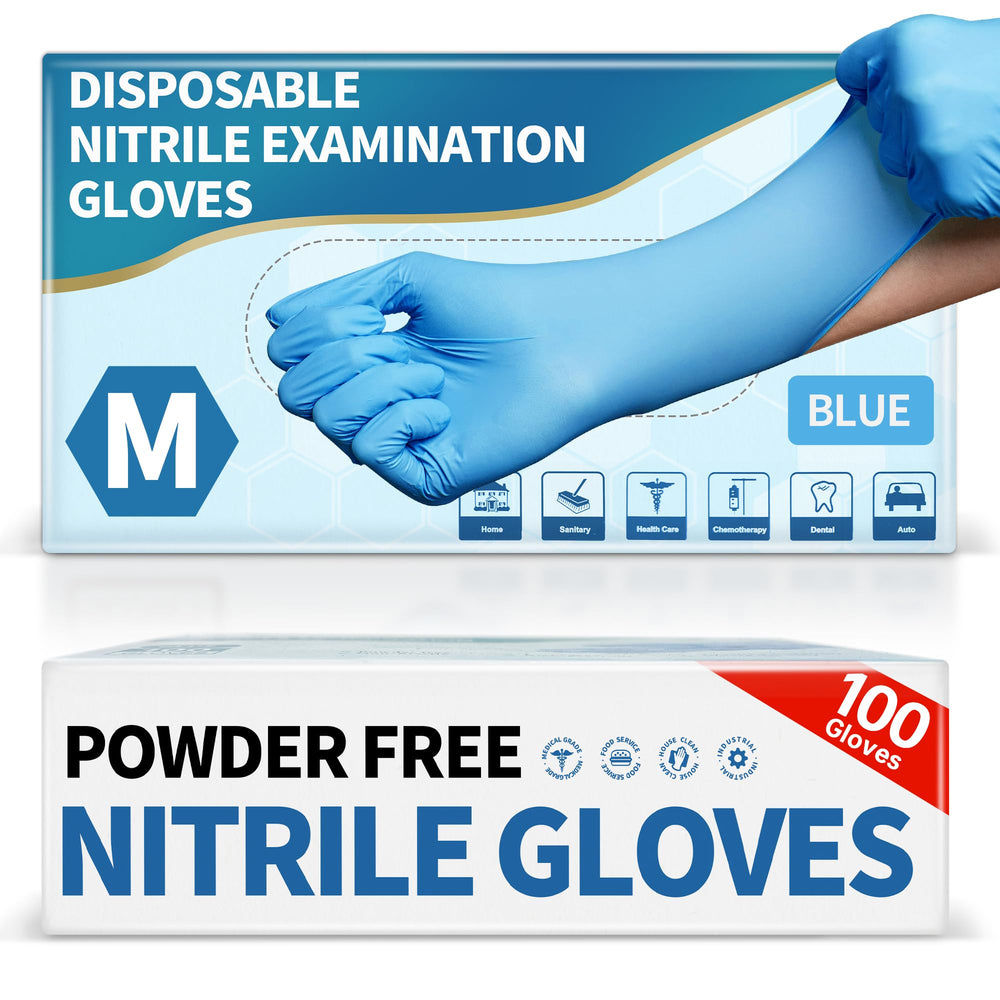 Medguy powder-free nitrile gloves in blue, 4-5 mil thickness for durable protection.