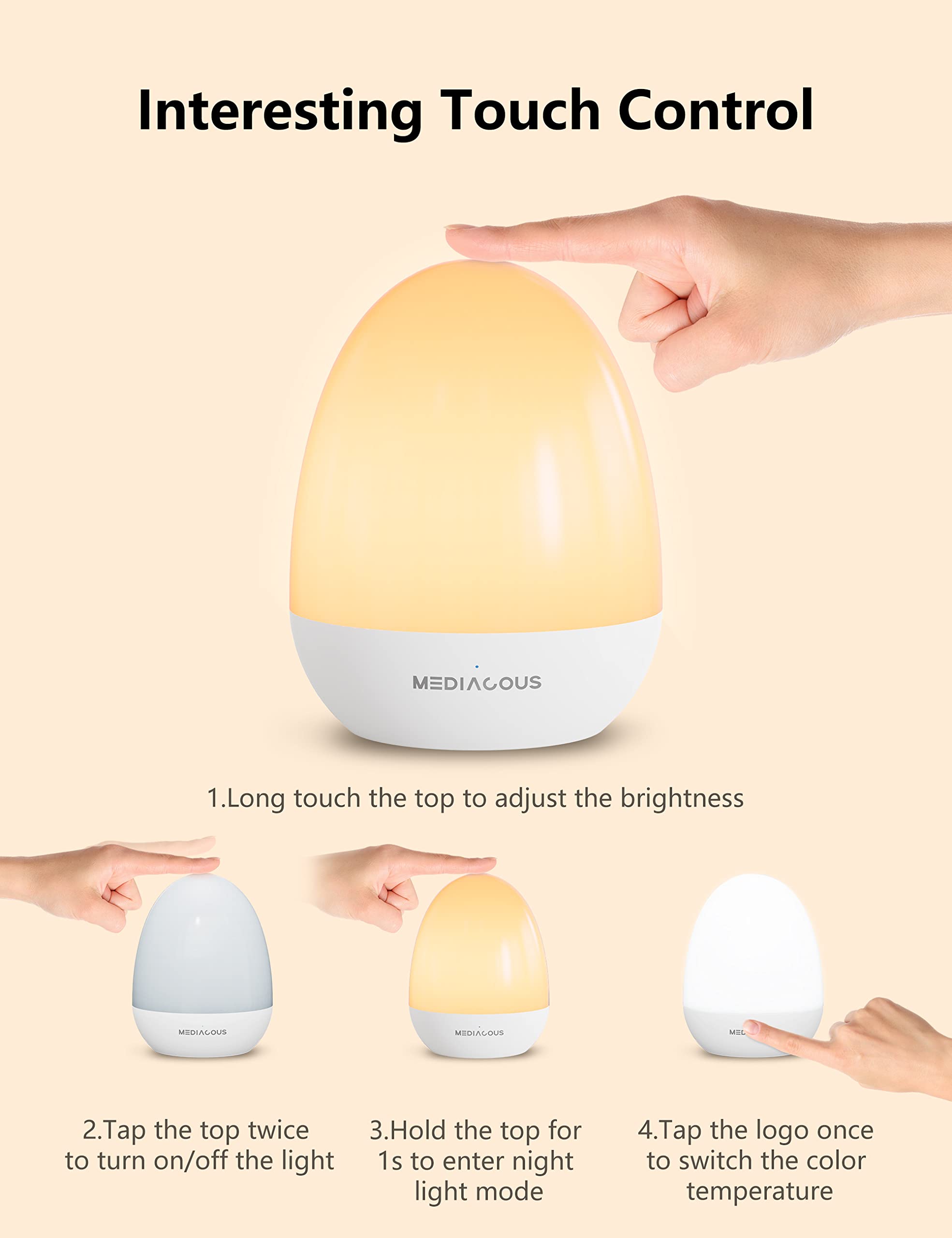 MediAcous night light touch control for easy dimming and color temperature.