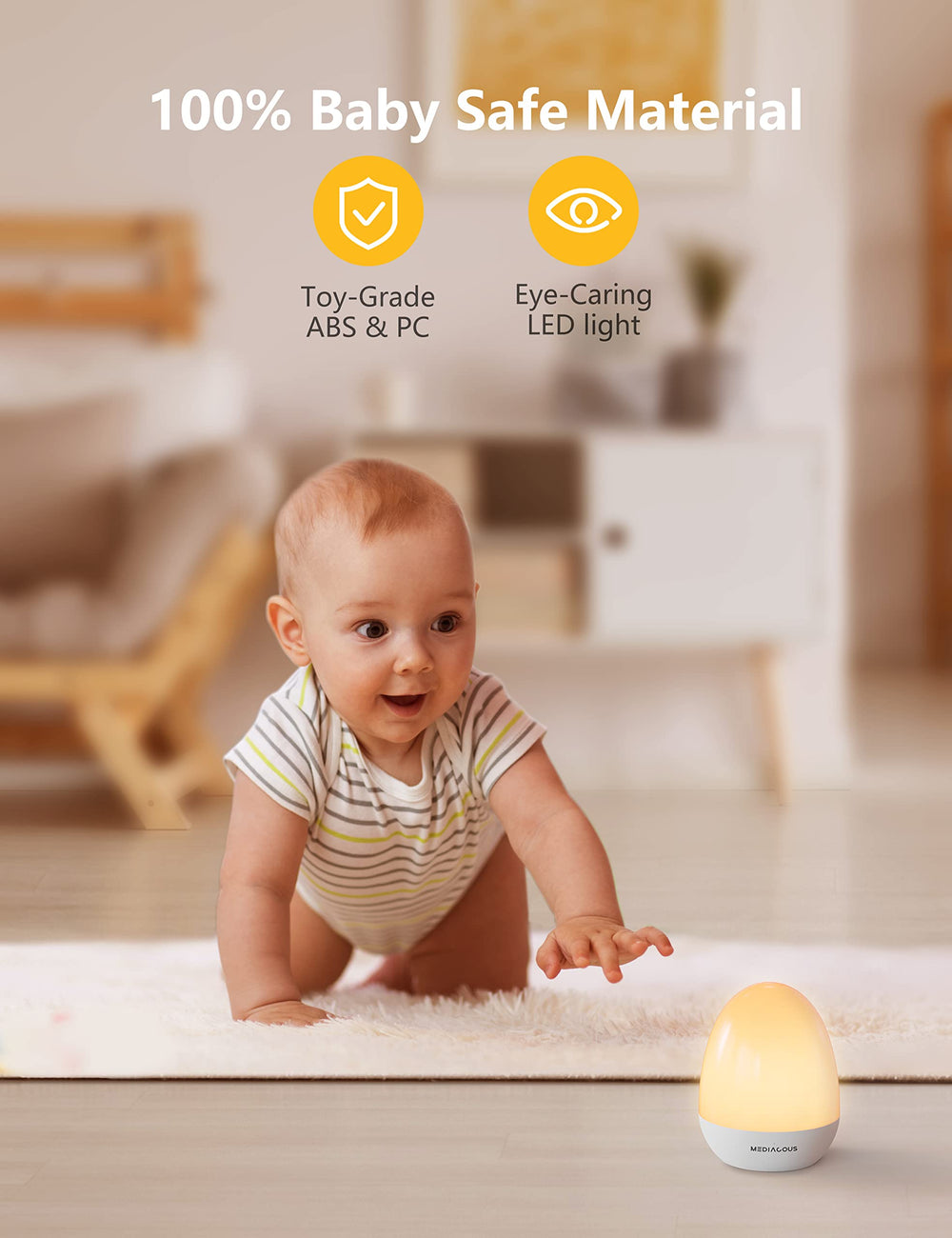 MediAcous night light stable charging base prevents tipping during use.