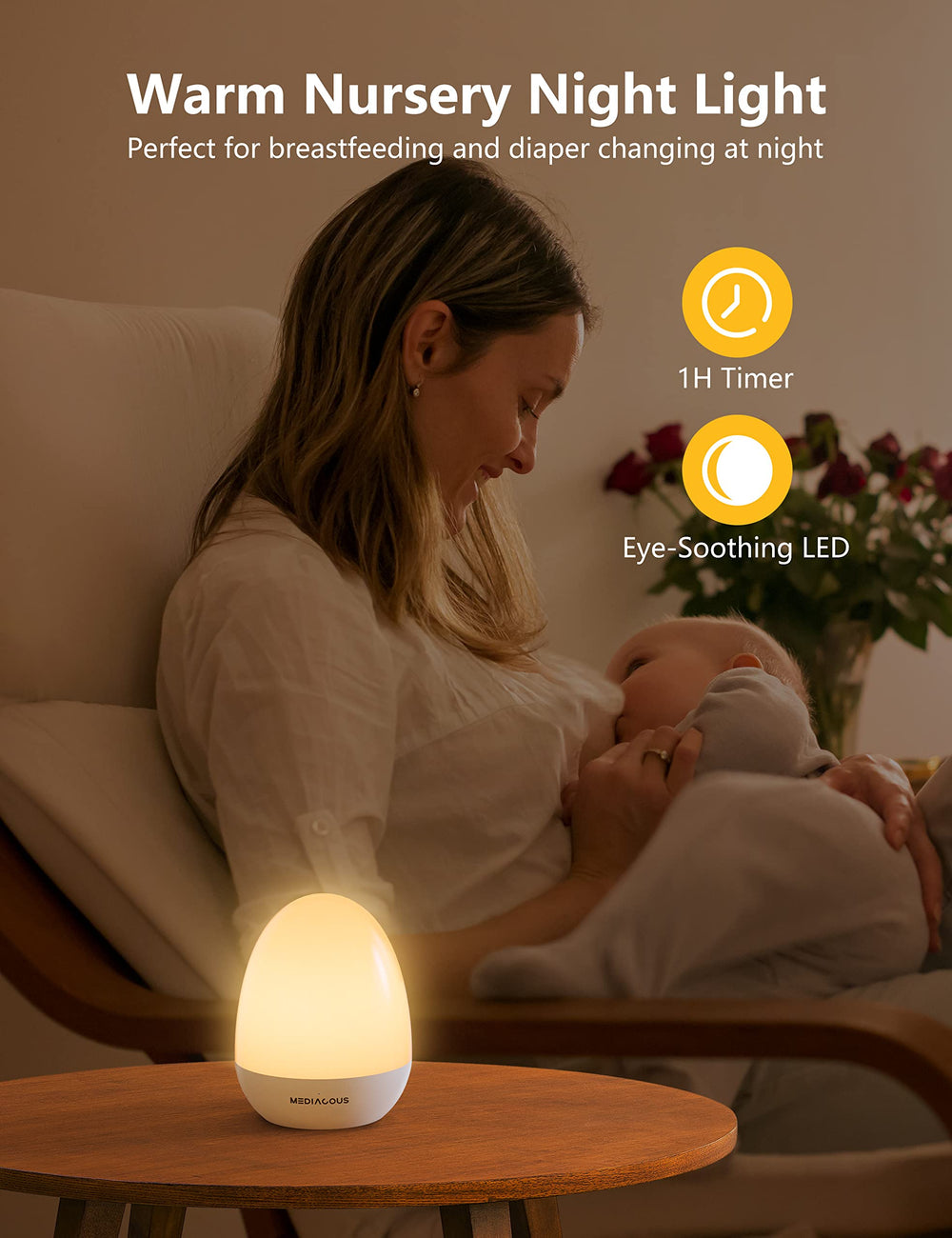 MediAcous warm white option aids breastfeeding with soft illumination.