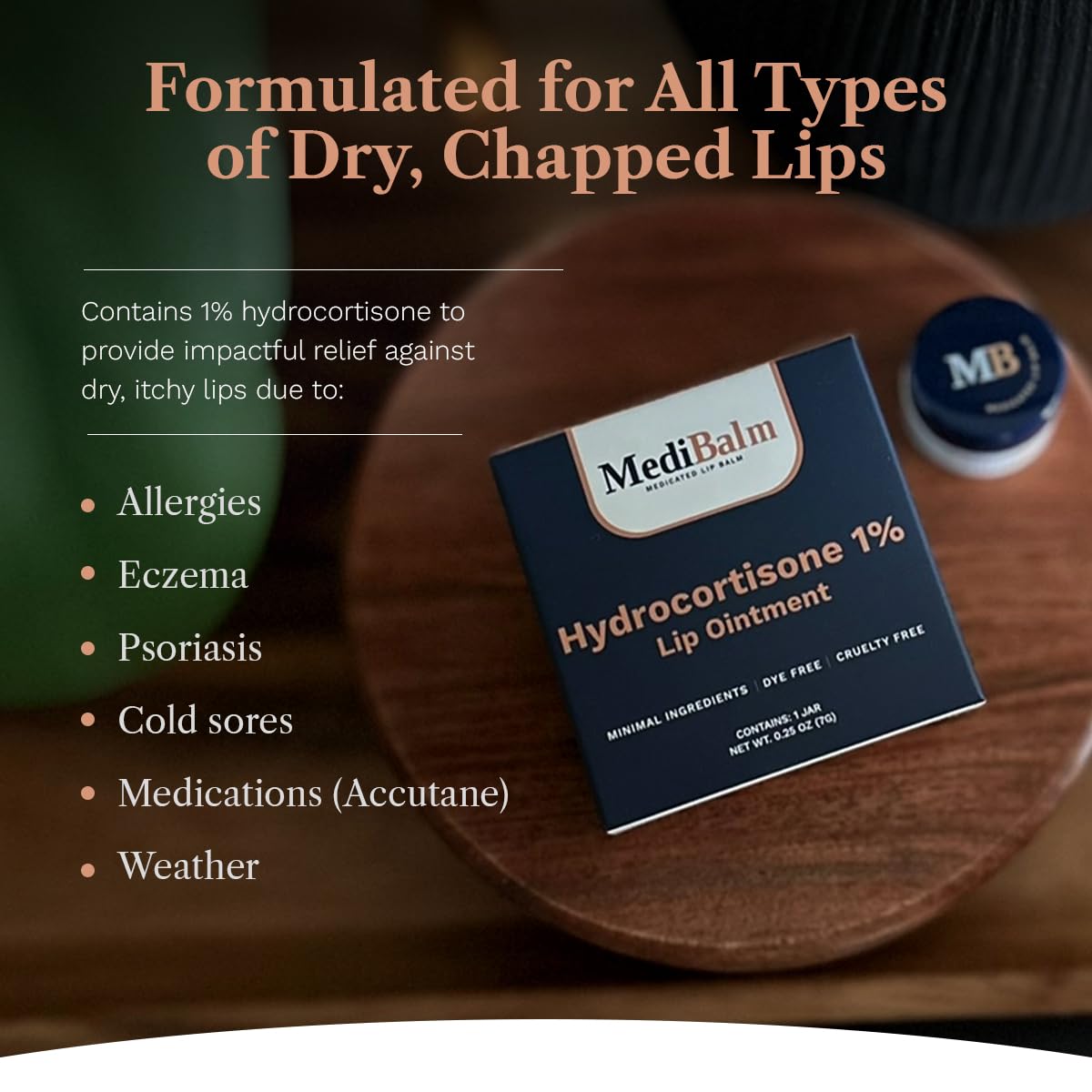 Label shows 1% hydrocortisone for irritation relief on chapped lips.
