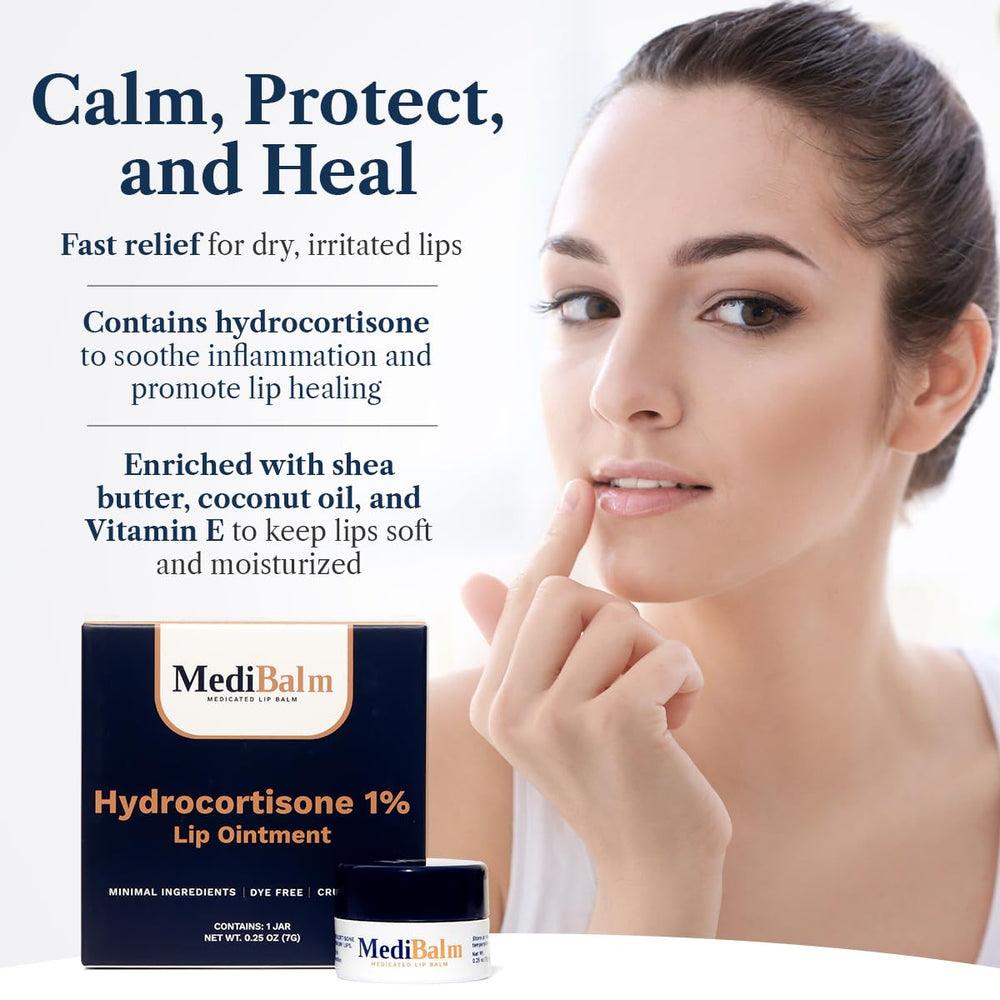 Close-up of MediBalm lip balm being applied for instant soothing.