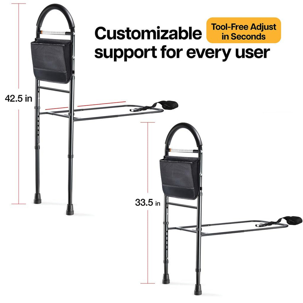 Medical king adjustable height rail showing tool-free setup.