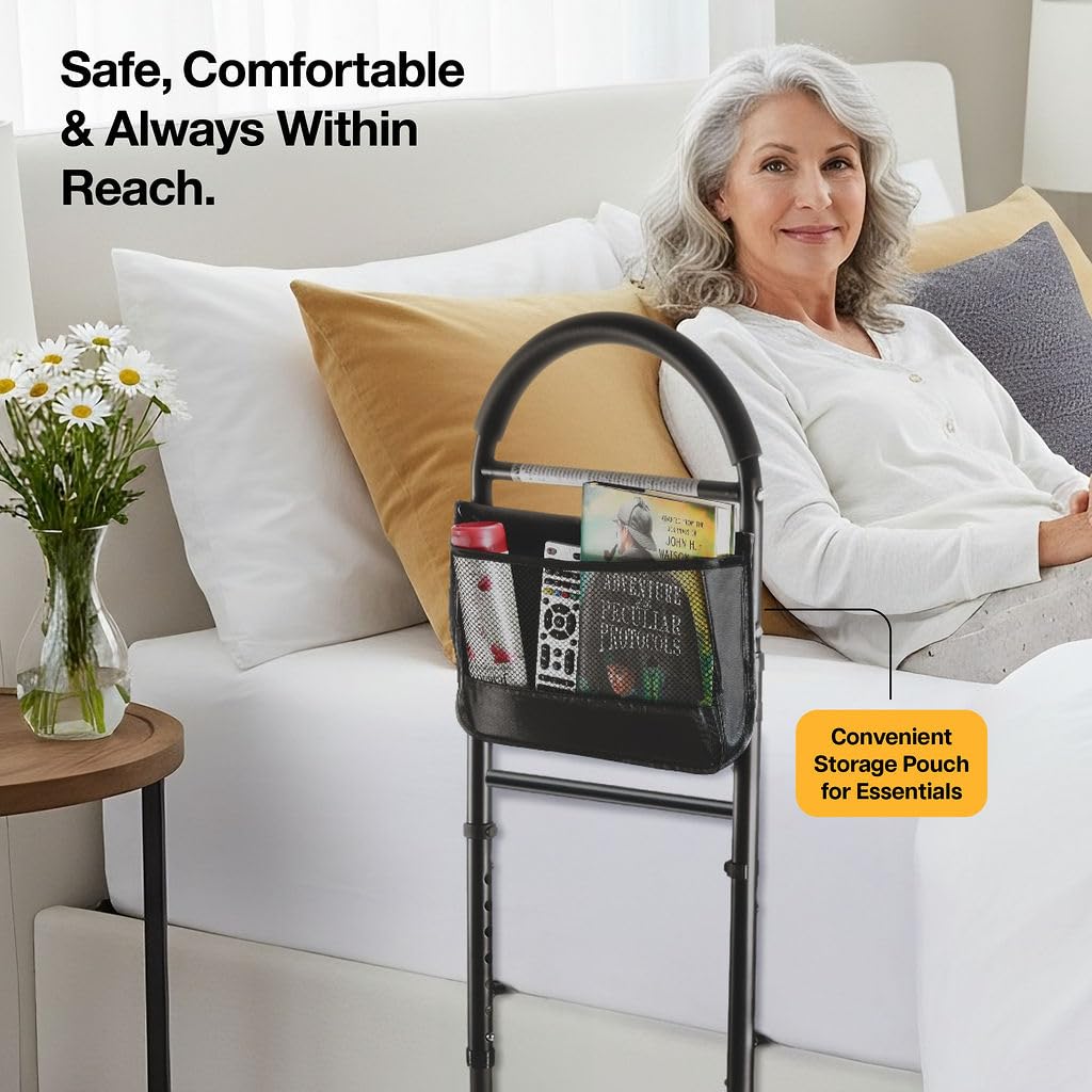 Medical king bed rails side view highlighting adjustable height feature.
