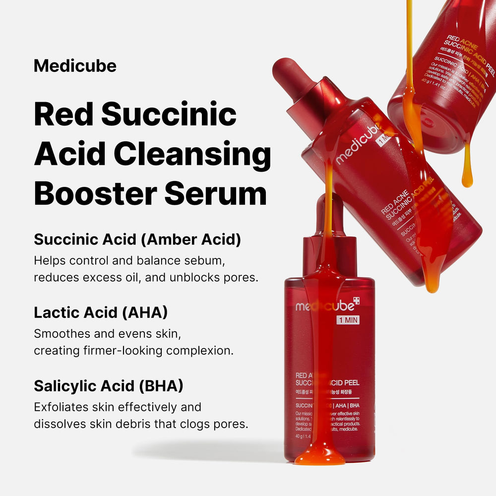 Medicube 21% Exfoliant ingredient panel highlights AHA, BHA, succinic acids, soothing actives.