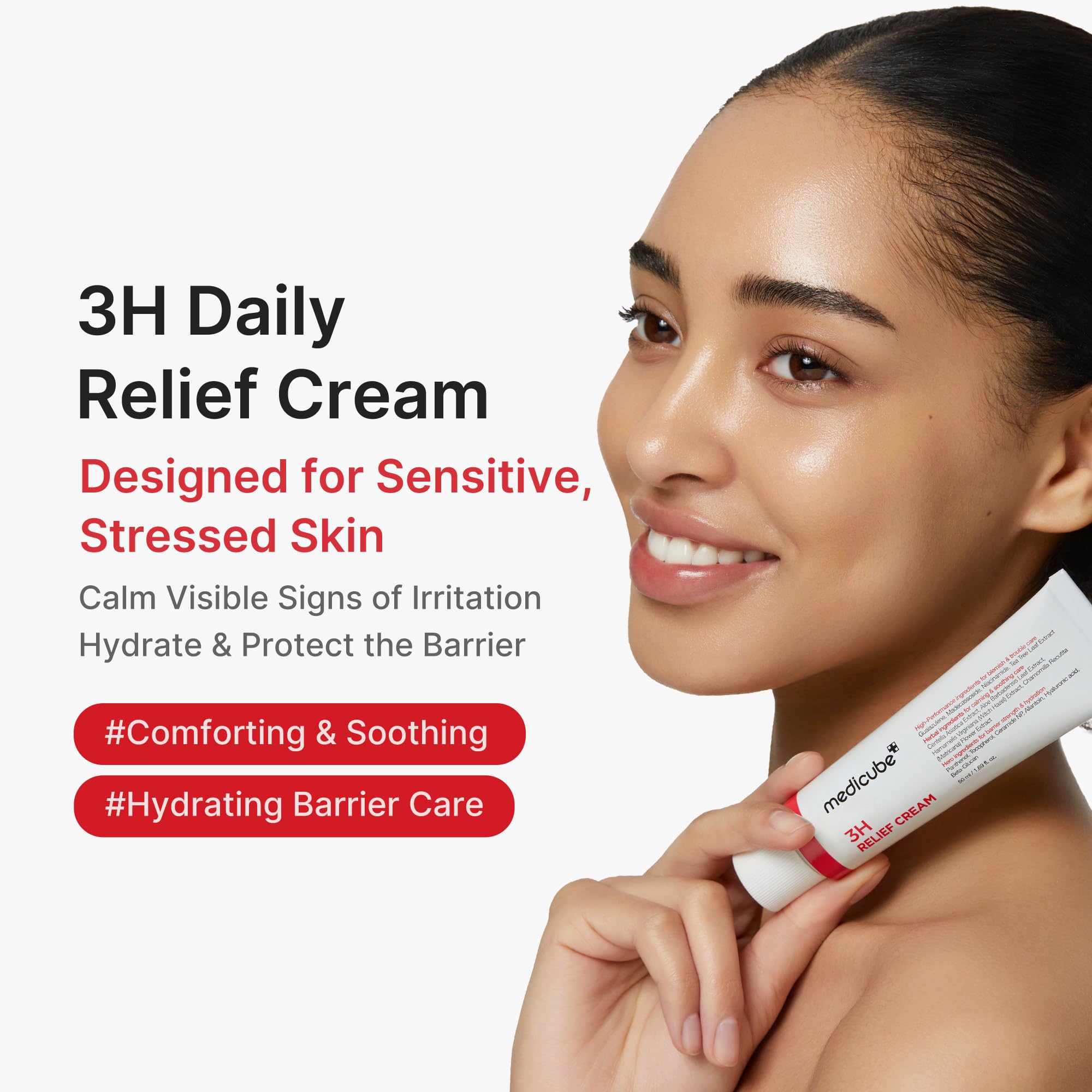 Medicube 3H Daily Relief Cream texture swatch shows light, non-sticky formula