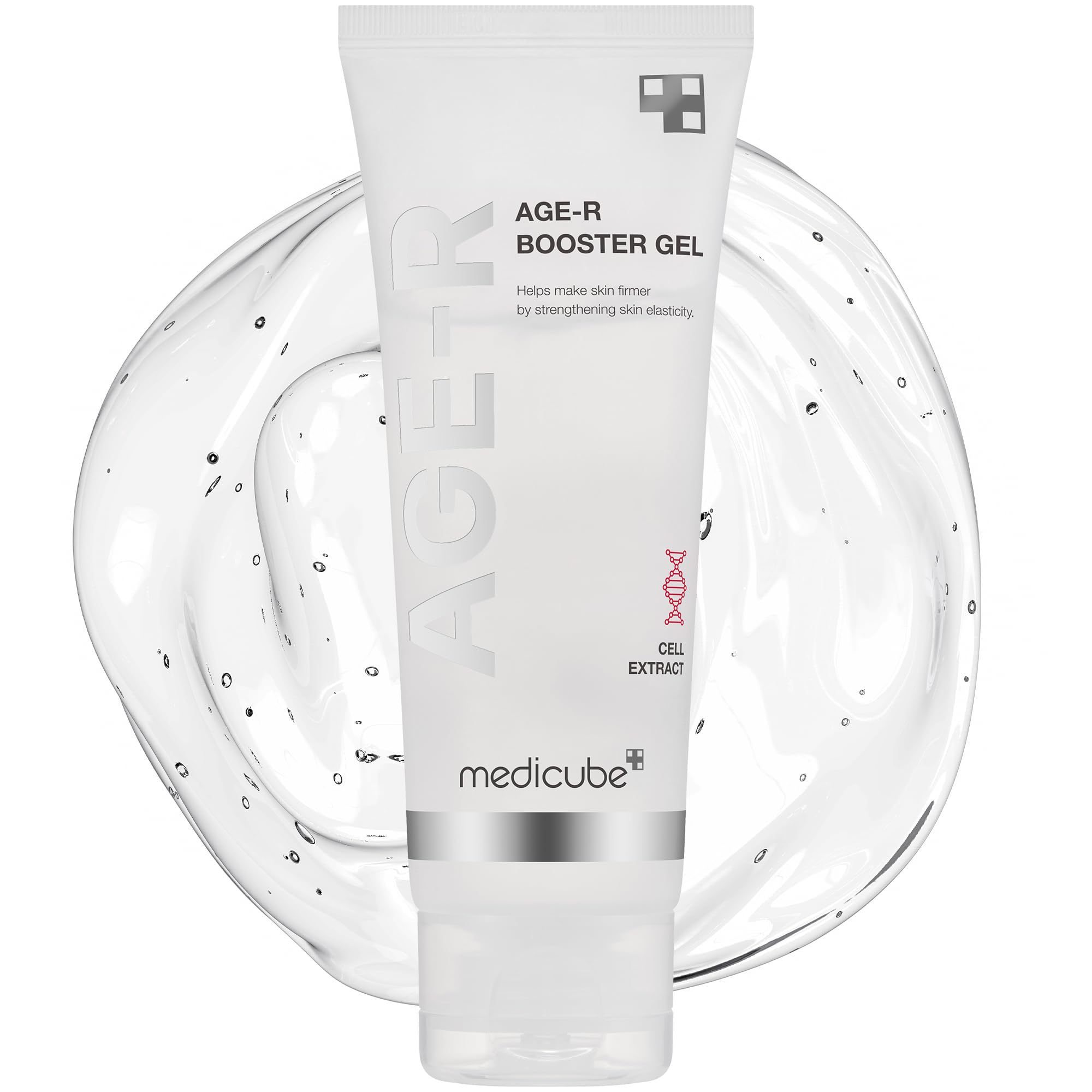 Medicube Age-R Booster Gel Serum bottle close-up highlighting a hydrating formula.