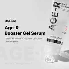 Medicube Age-R Booster Gel Serum packaging on a clean vanity for hydration routine.