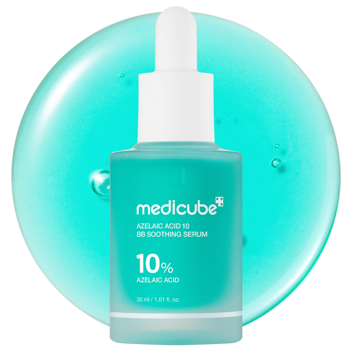 Medicube Azelaic Acid 10 soothing serum bottle shows pore refinement and calm skin.
