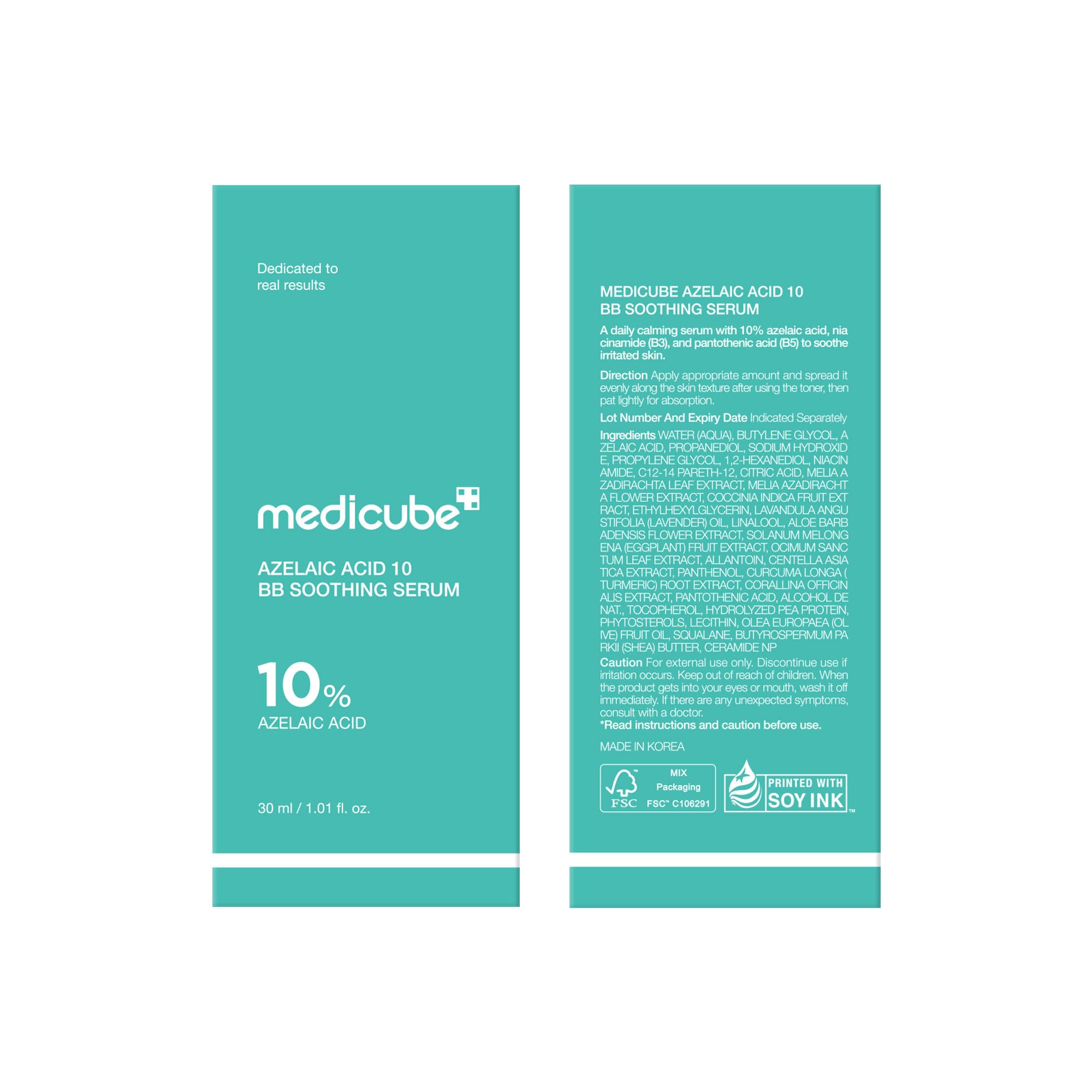 Medicube Azelaic Acid 10 soothing serum daily-use iconography suggests gentle routine.
