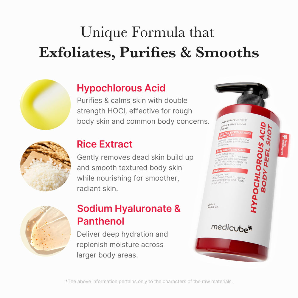 Medicube Body Peel Shot bottle pump demonstrates easy application on larger areas