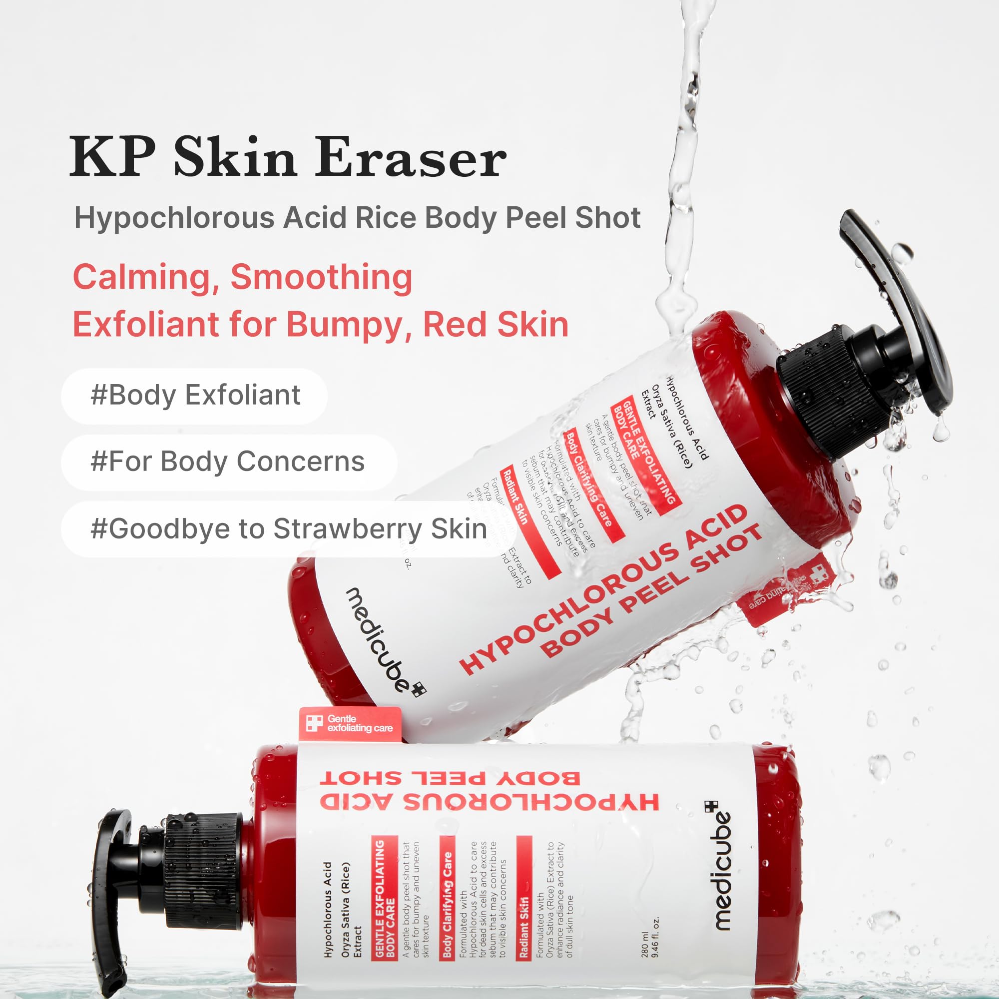 Medicube Body Peel Shot bottle side emphasizes simple, quick body care routine