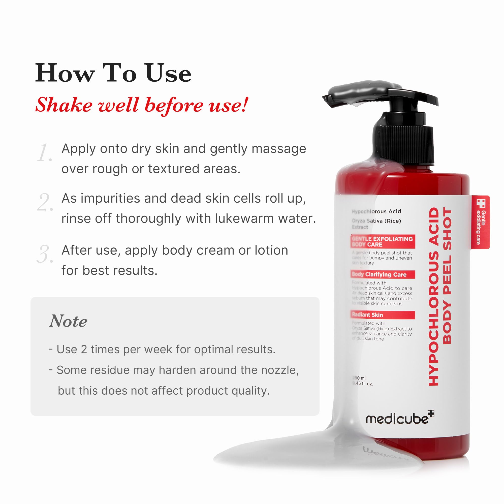 Medicube Body Peel Shot rice extract visual highlights hydration benefits