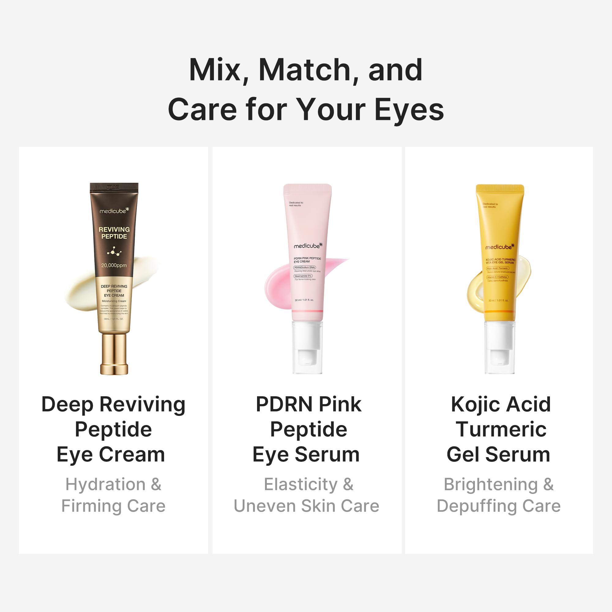 Medicube eye serum before-after teaser suggests smoother under-eye texture.
